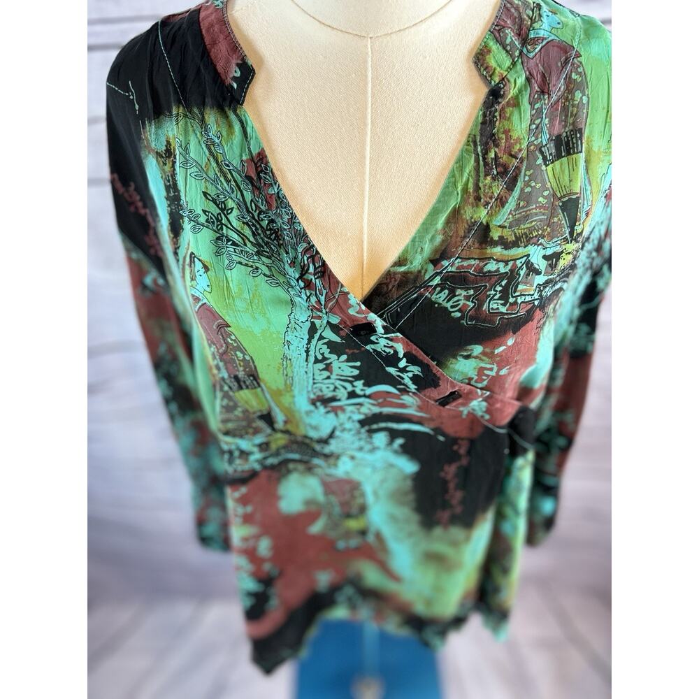 Vintage Tianello Blouse Womens XL Multicolor Oriental Print Rayon Wrap Style Top - Picture 2 of 6